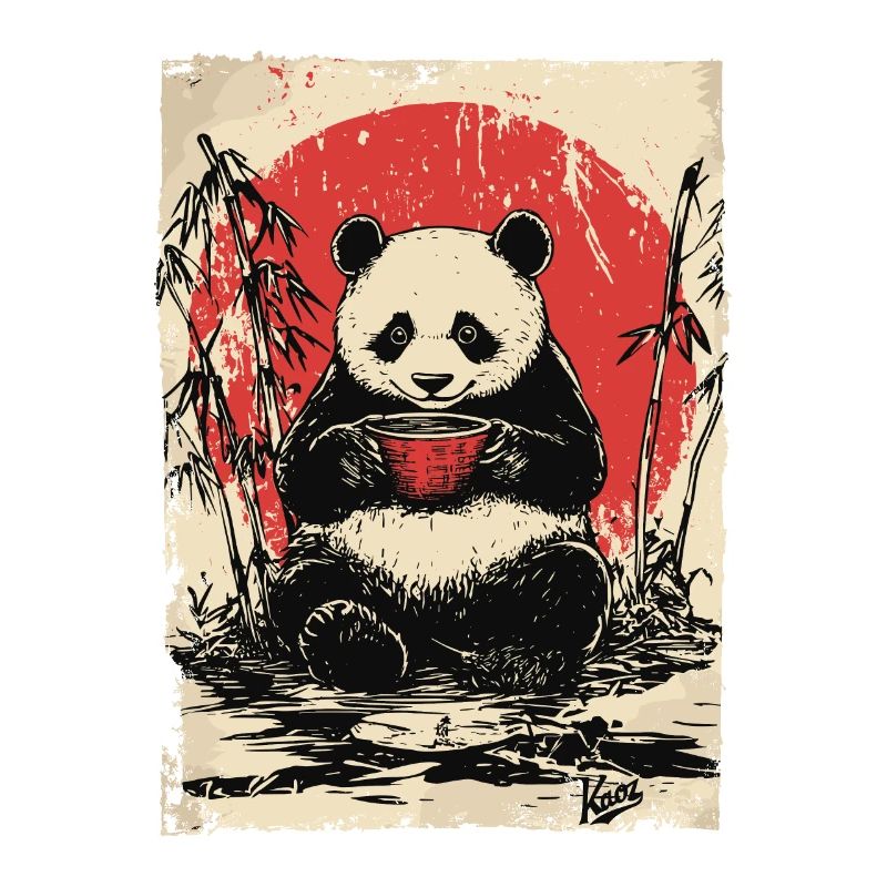 Panda mit Suppe im Bambuswald