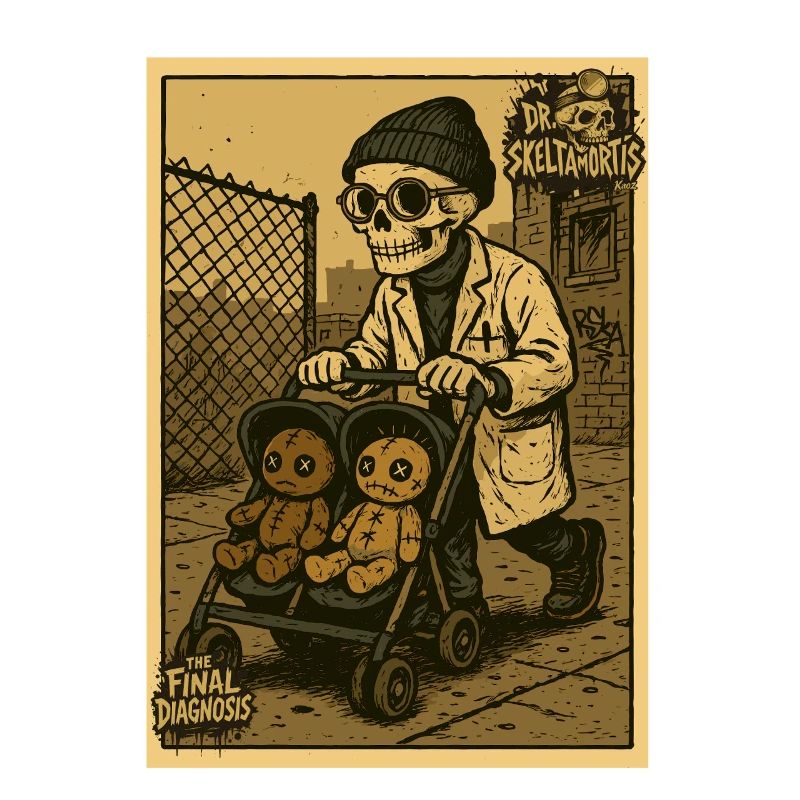 Dr Skeltamortis with voodoo dolls in a stroller