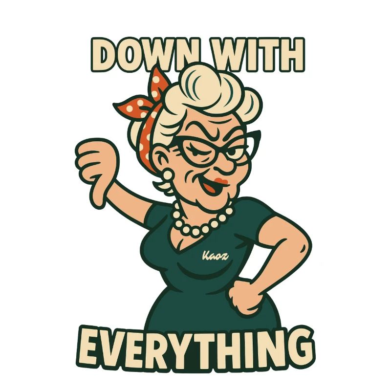 Naughty granny with thumbs down: against everything