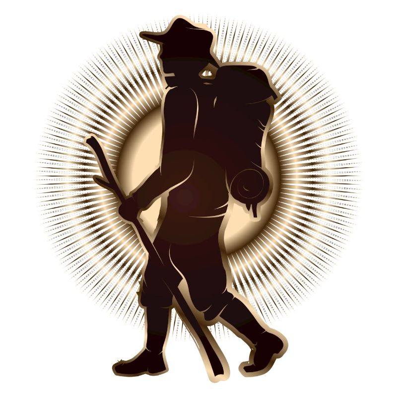 Pilgrim or hiker with walking stick & backpack