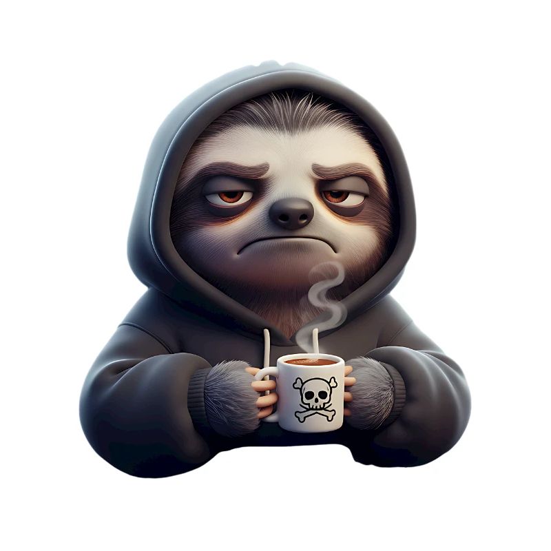 Bad mood sloth with coffee morning grouch