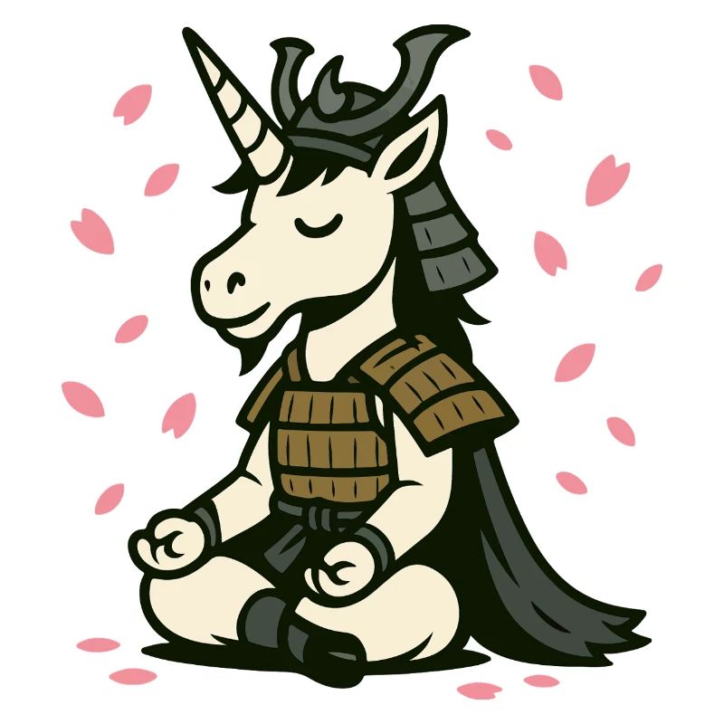 Meditierendes Samurai-Einhorn mit Kirschblüten