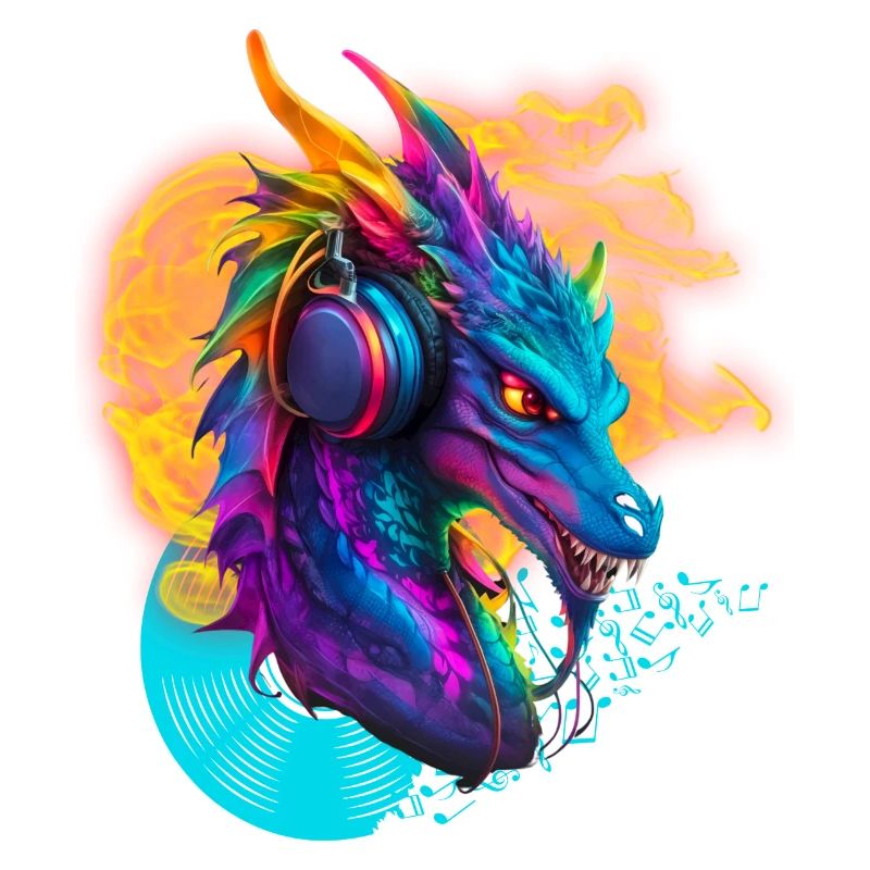 DJ-Drache mit Kopfhörerfeuer-Schallplattennotizen