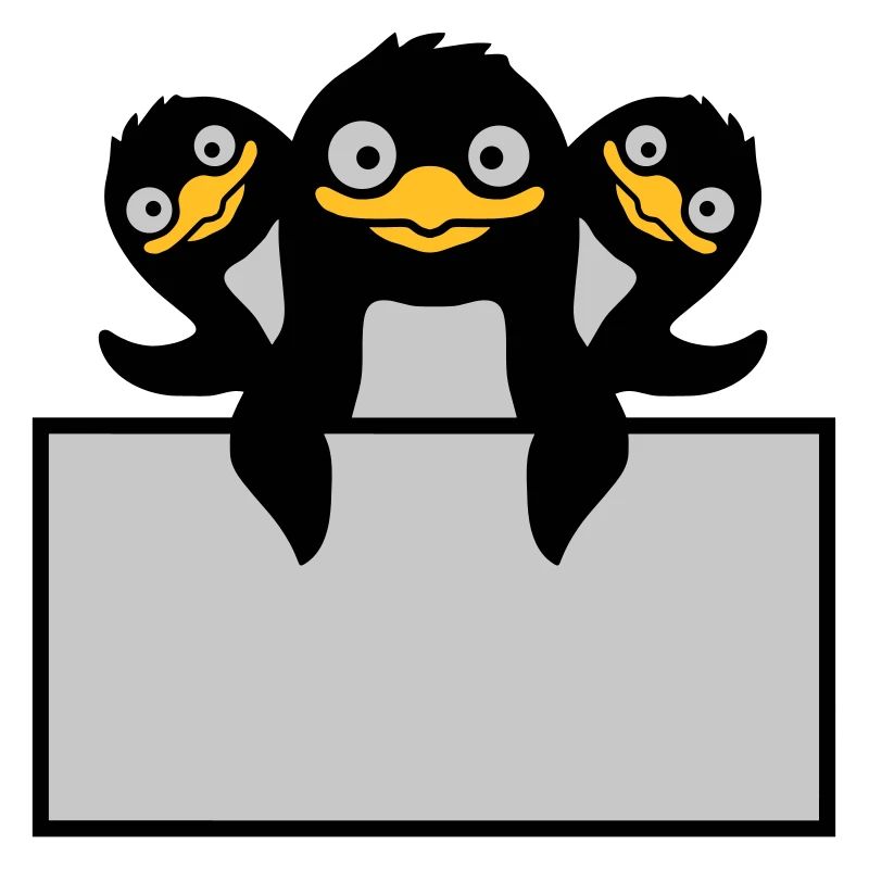 3 penguins behind shield