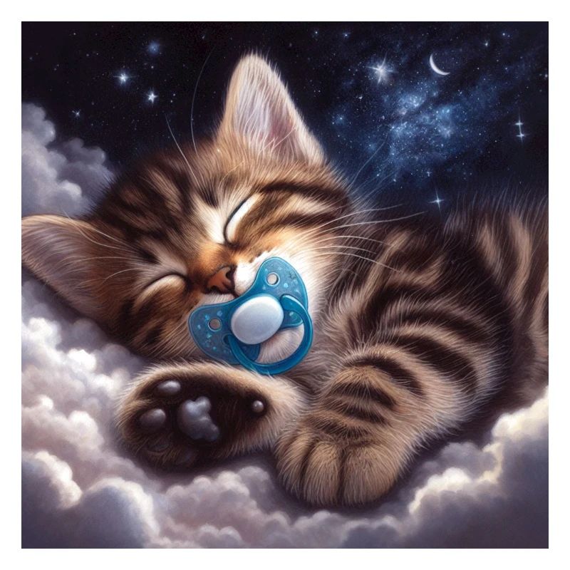 Cute kitten who sleeps with her pacifier.