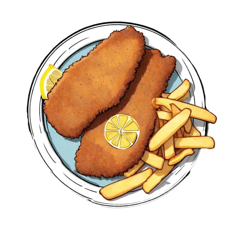 Schnitzel mit Pommes und einem Scheibchen Zitrone