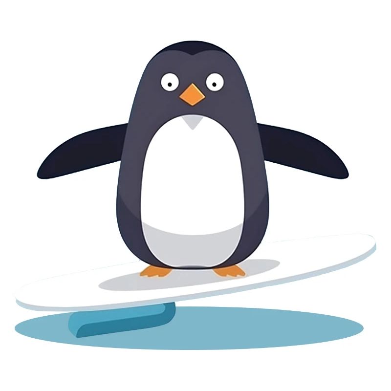 Pingouin de surf mignon sur une planche de surf