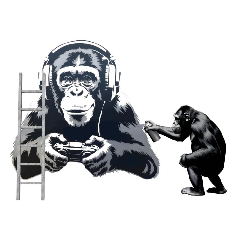 GRAFFITI BANKSY STYLE - CHIMP PLAYING COMPUTER GAM