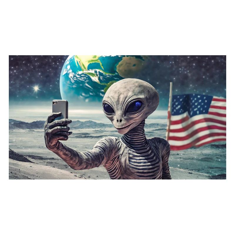 grey alien on the moon surface – making selfies