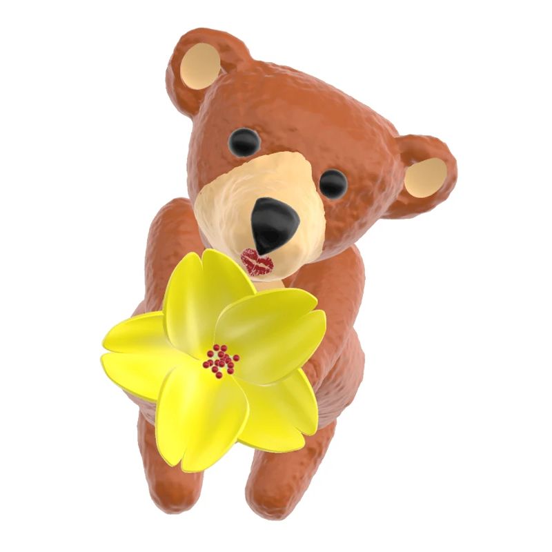Ours en peluche avec fleur et bouche baiser 3D
