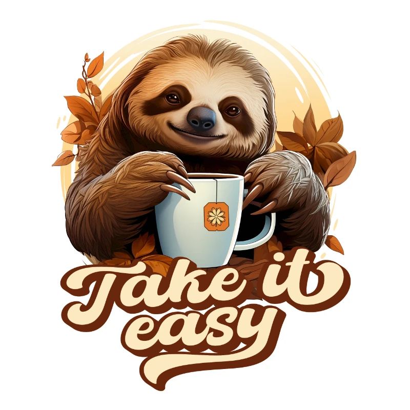 Cute Sloth Drinking Tea, Take It Easy, Saying