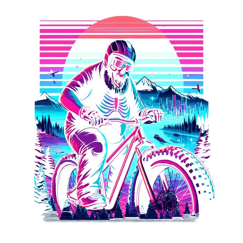 Synthwave Skeleton Biker Fatbike Retro Sunset