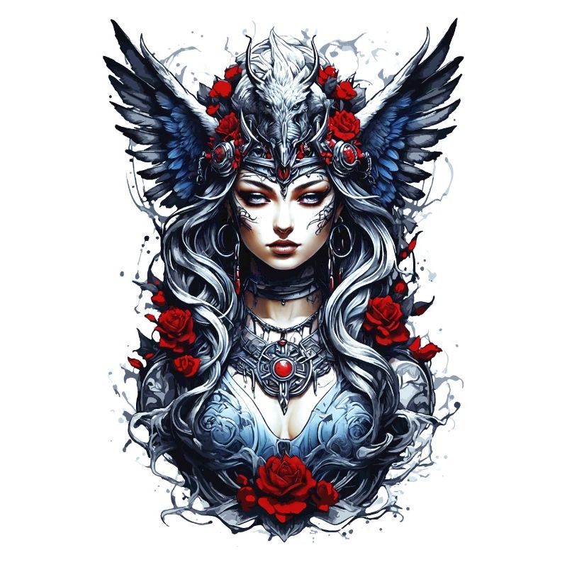 Valkyrie avec corbeaux, roses, vikings