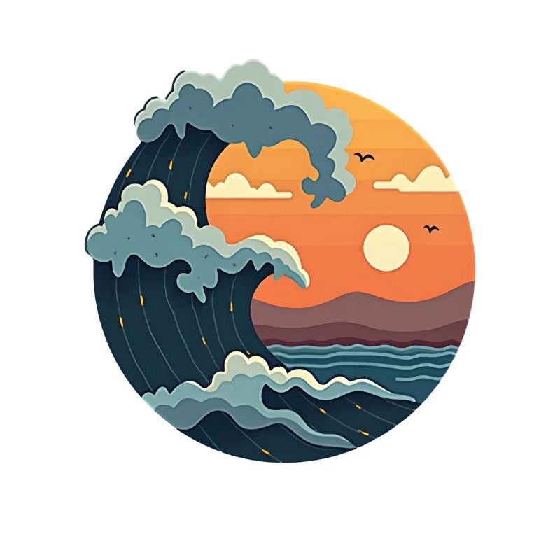 Vagues dans l’illustration du coucher de soleil