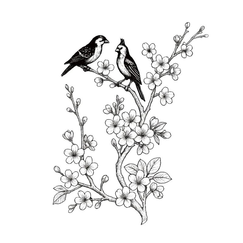 Oiseaux sur branche de cerisier