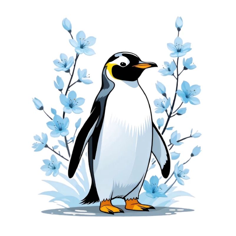 Pingouin mignon avec des fleurs bleues