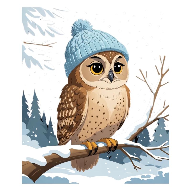 Chouette avec un chapeau d'hiver dans la forêt enneigée