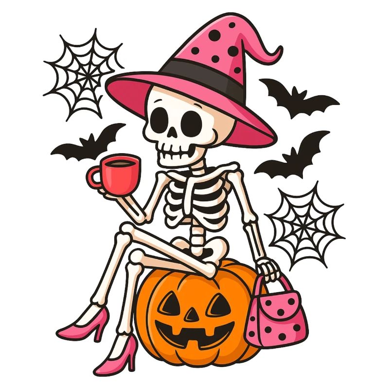 Pink Cute Halloween Witch Skeleton