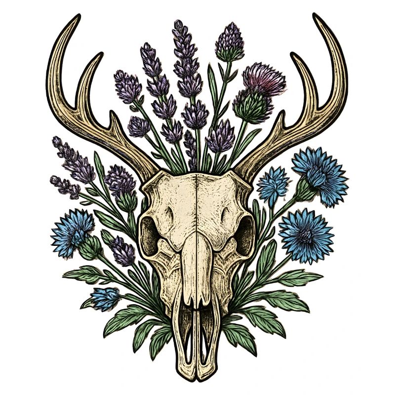 Hirschknochen mit Blumenkranz