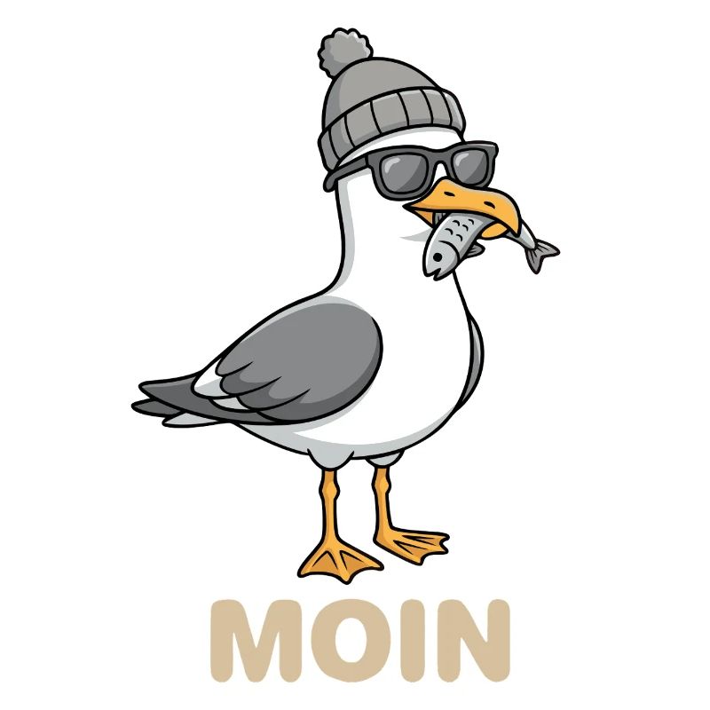 Mouette mouette de la lune avec casquette et poisson dans la bouche