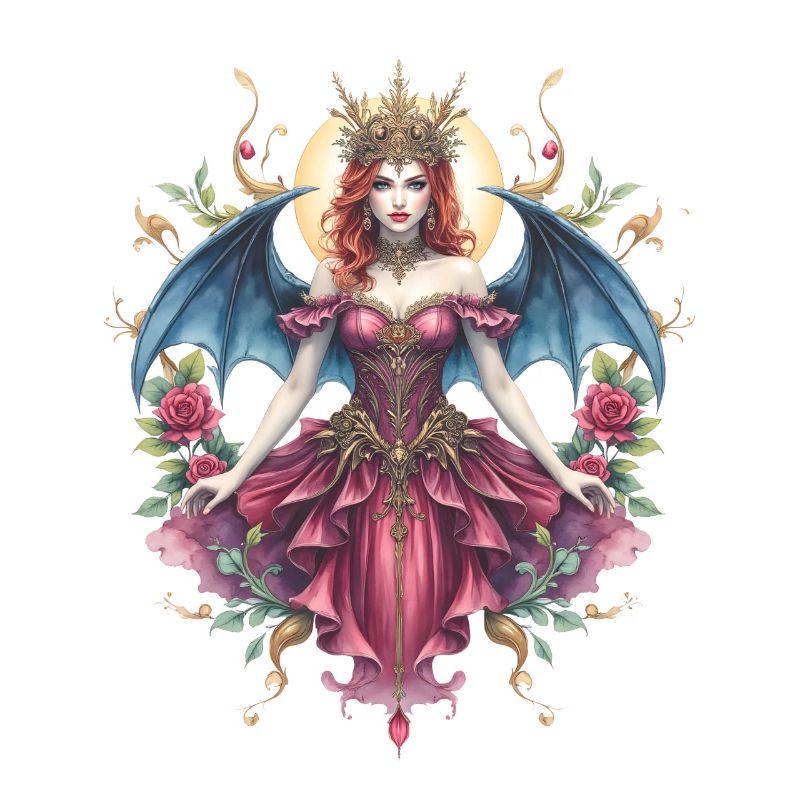 Gothic winged queen among roses