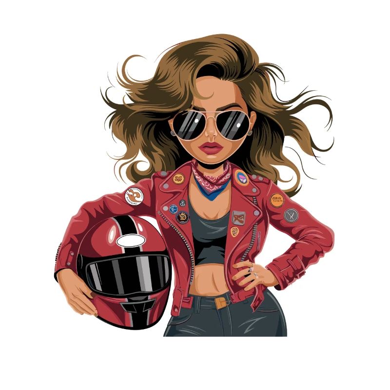  Coole Bikerin mit roter Lederjacke Sonnenbrille