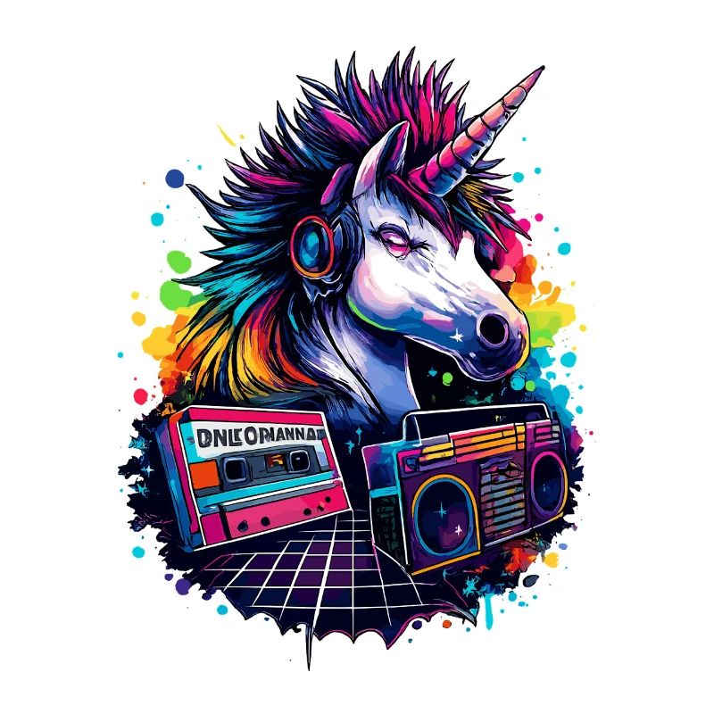 Neon Einhorn mit Kopfhörern im 80er Sound