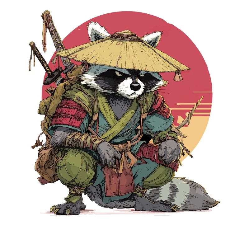 Waschbär-Samurai mit Strohhut