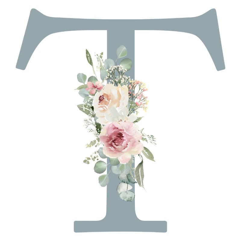 T| Monogramm | Eukalyptus-Pastell-Blumen-Blau