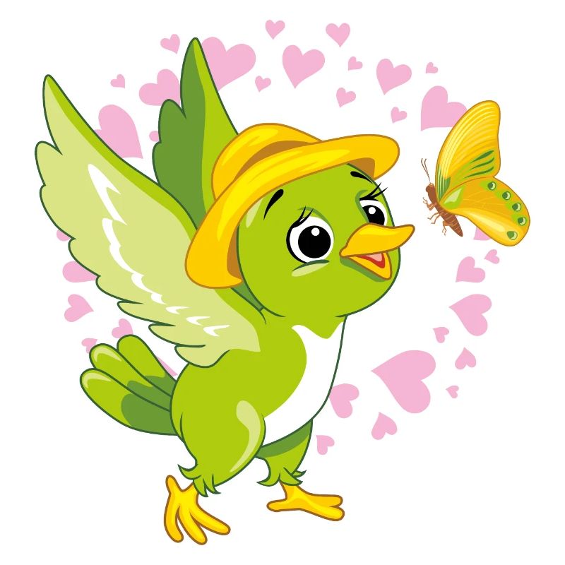 Oiseau vert mignon jouant avec un papillon