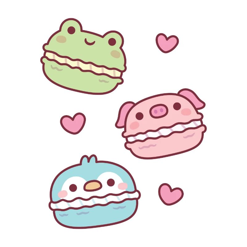 Macarons pingouins bleus roses grenouille verte mignonne