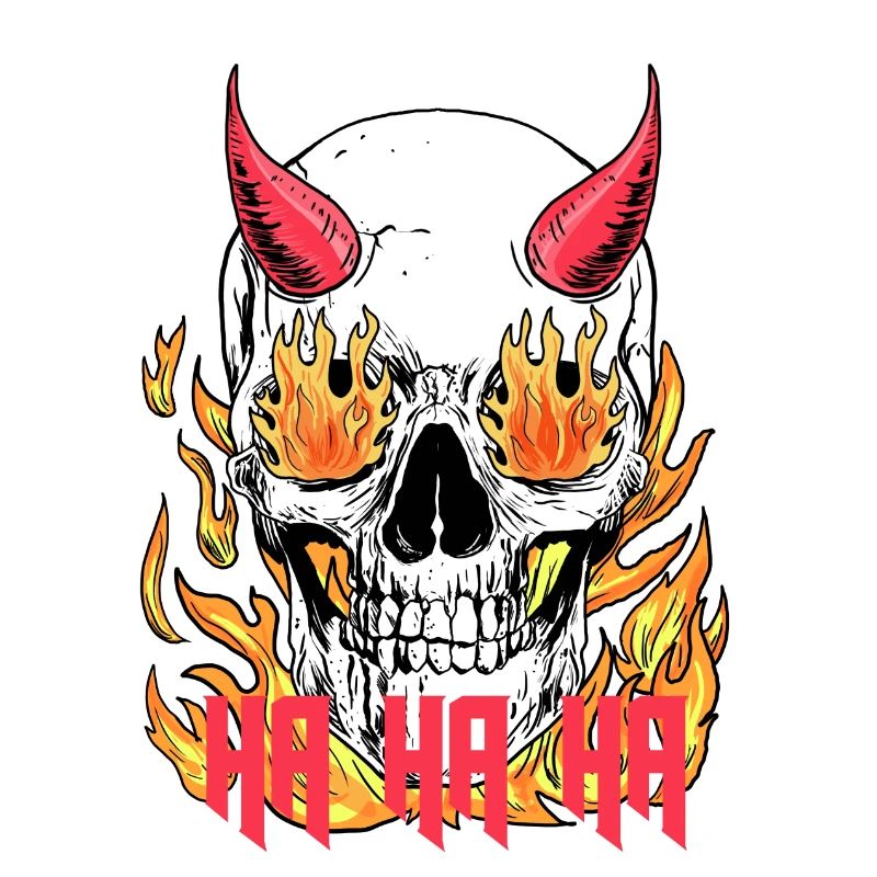 Fiery skull with horns and laughter