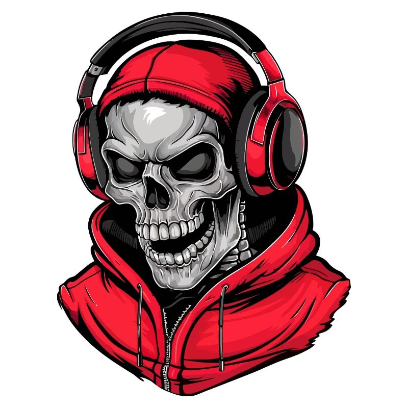 Totenkopf in Rot Kapuzenpullover mit Kopfhörern