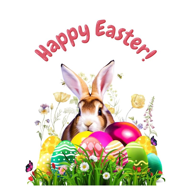 Cute Easter bunny with colorful eggs