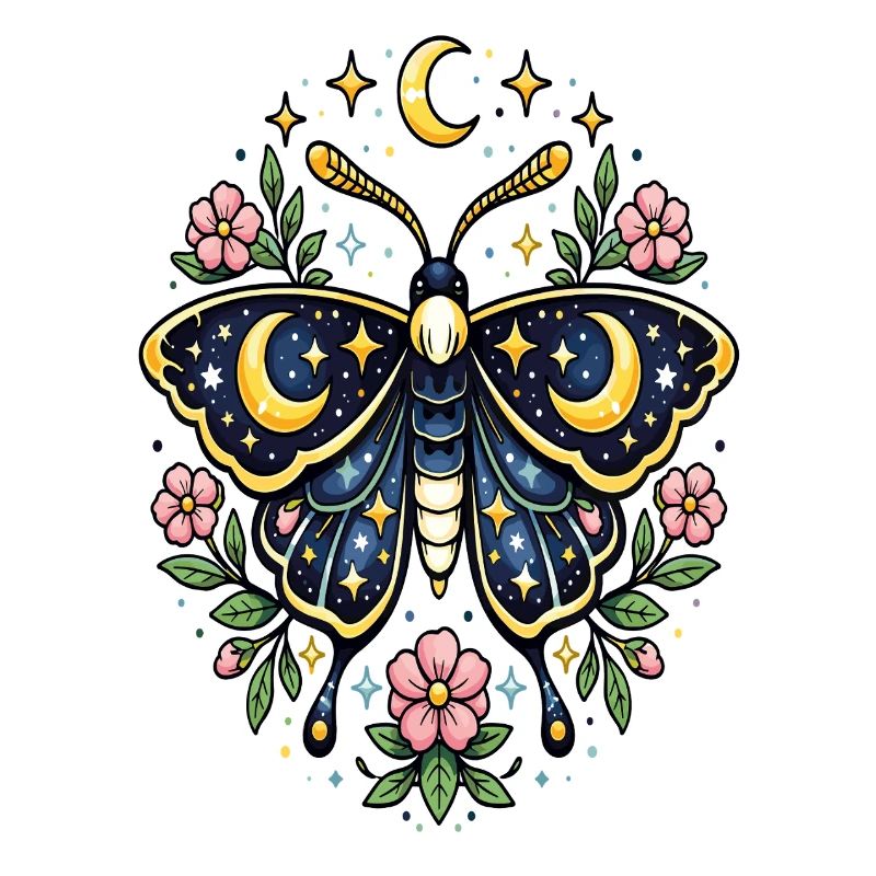 Papillon céleste lune fleurs étoiles