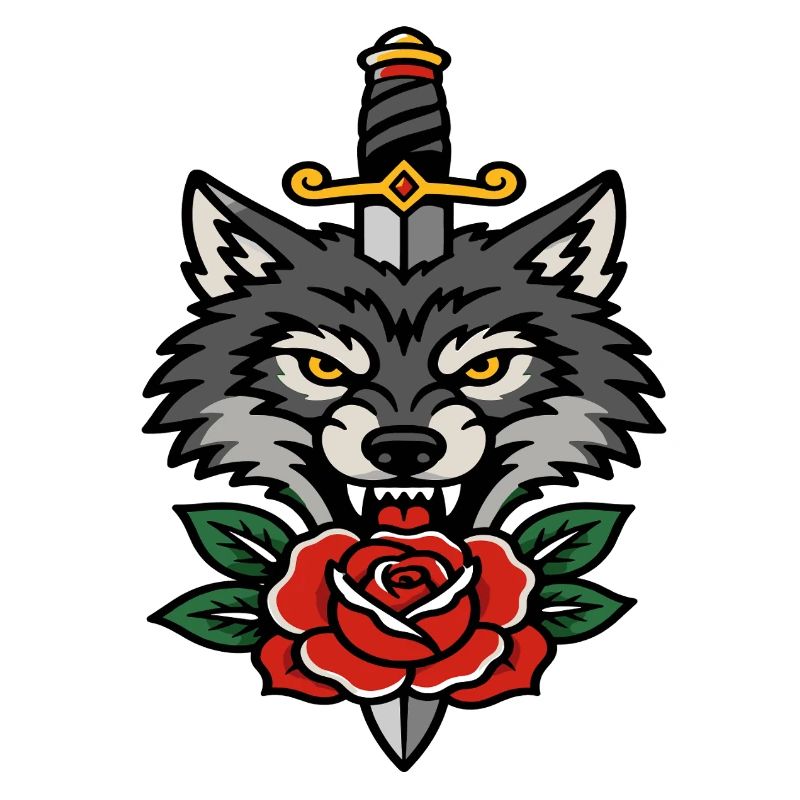 Fierce wolf dagger and pink style tattoo