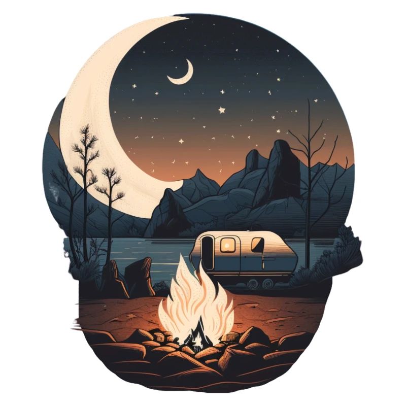 Camping by campfire and moonlight