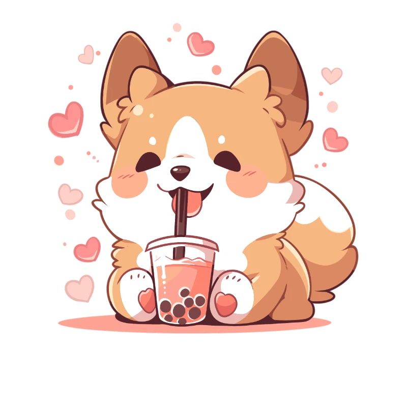 Kawaii Corgi Dog Drinks Boba Bubble Tea Chibi