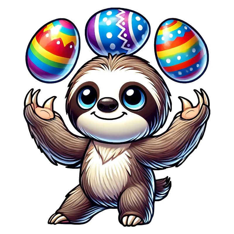 Sloth juggles Easter eggs colorful funny