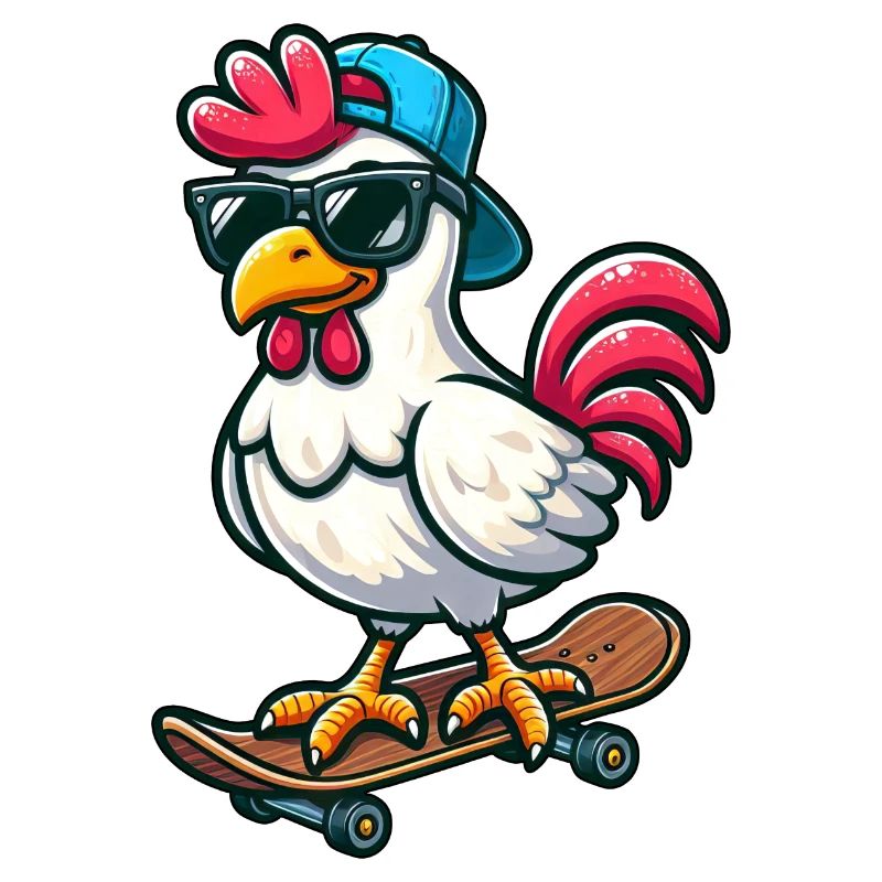 Funny Chicken Hen Rooster on Skateboard Comic