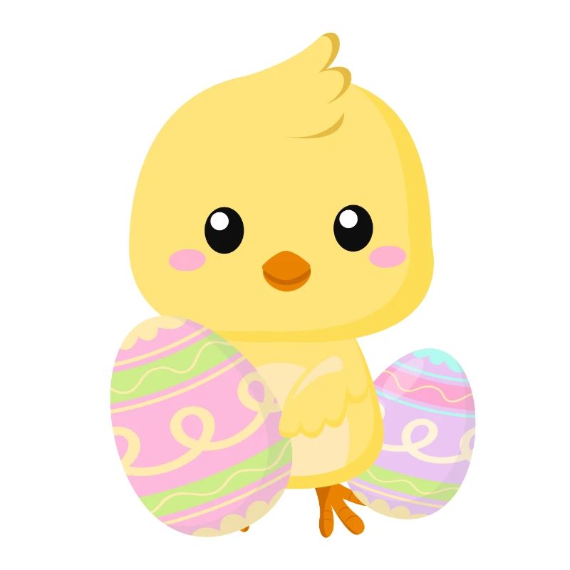 Cute little Easter chick with Easter eggs