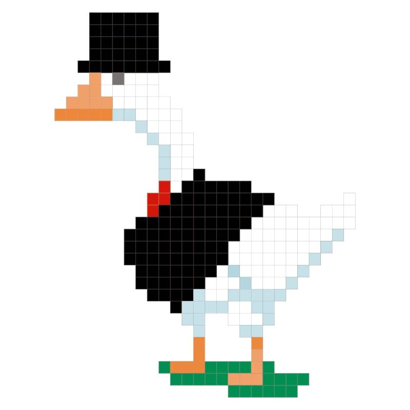 A duck in a pixelated suit