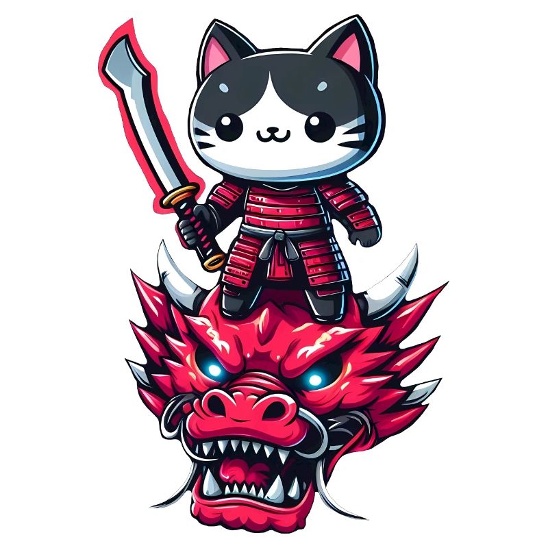 Samurai-Katze mit Schwert auf Drache in epischem 3D-Effekt