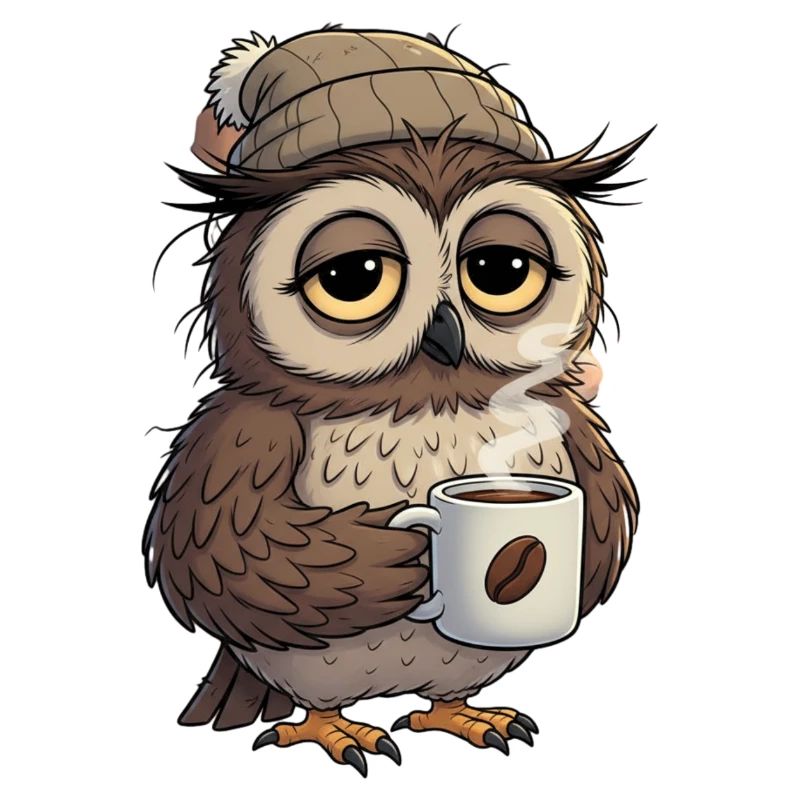 Verschlafene Eule Mit Kaffeetasse Cartoon