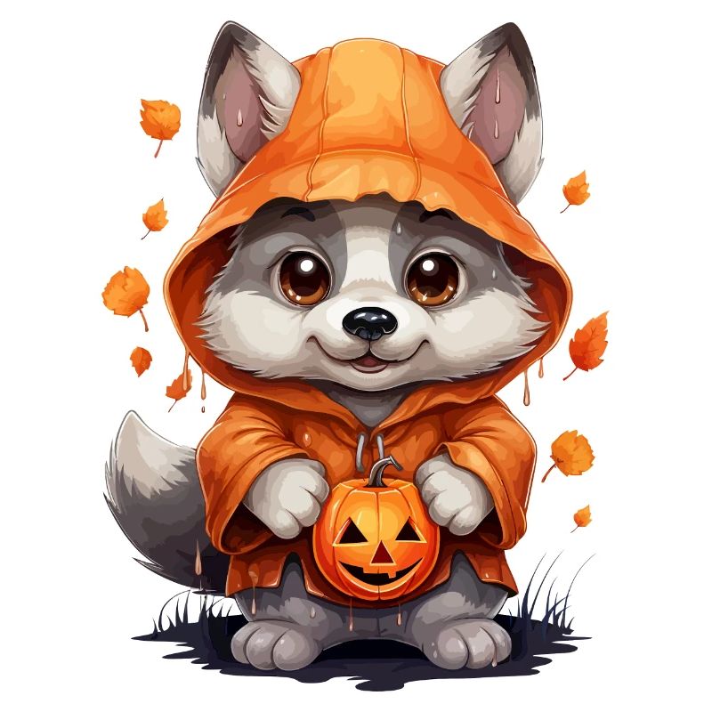 Cute Halloween Wolf with Pumpkin Lanterns