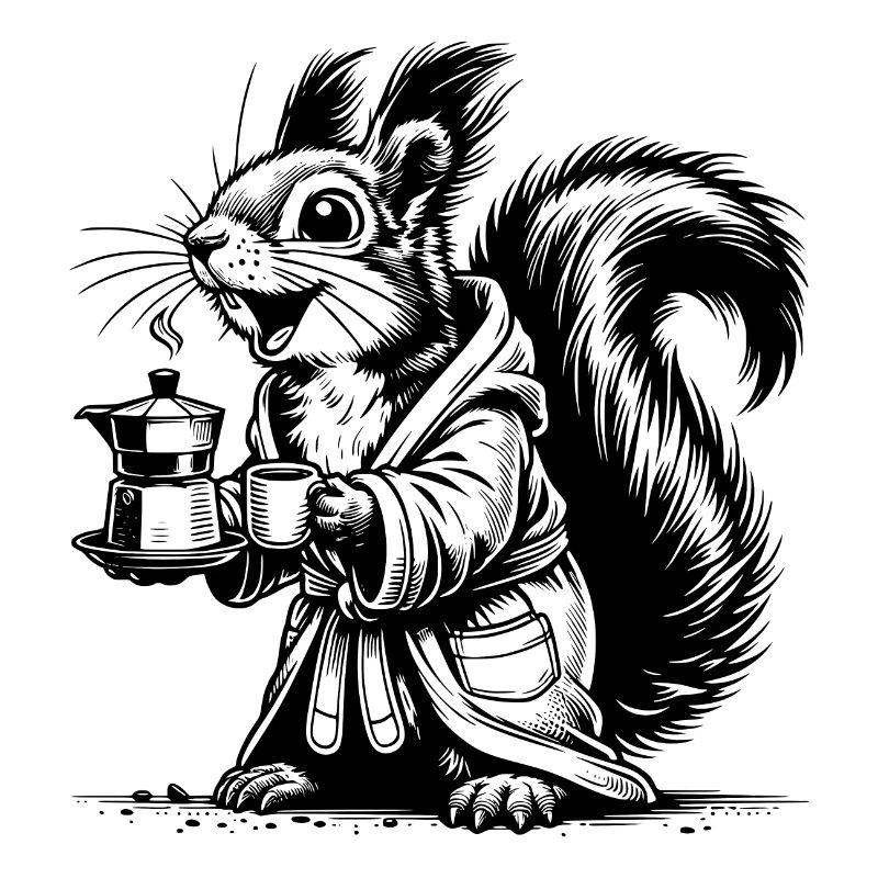 Squirrel with strong coffee in bathrobe