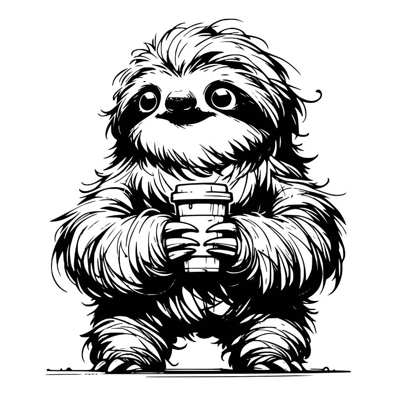 Sloth with Coffee Mug Pencil Drawing