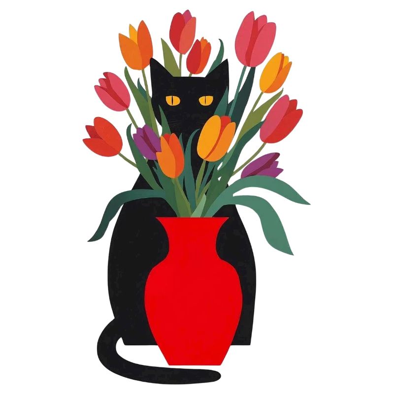 Chat noir et tulipes