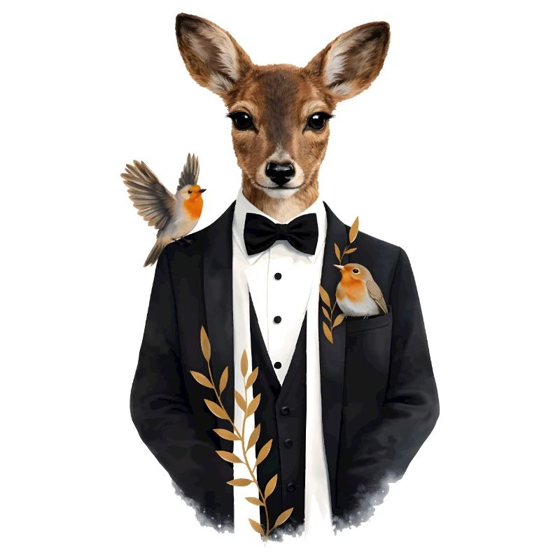 Elegant deer in tuxedo with birds