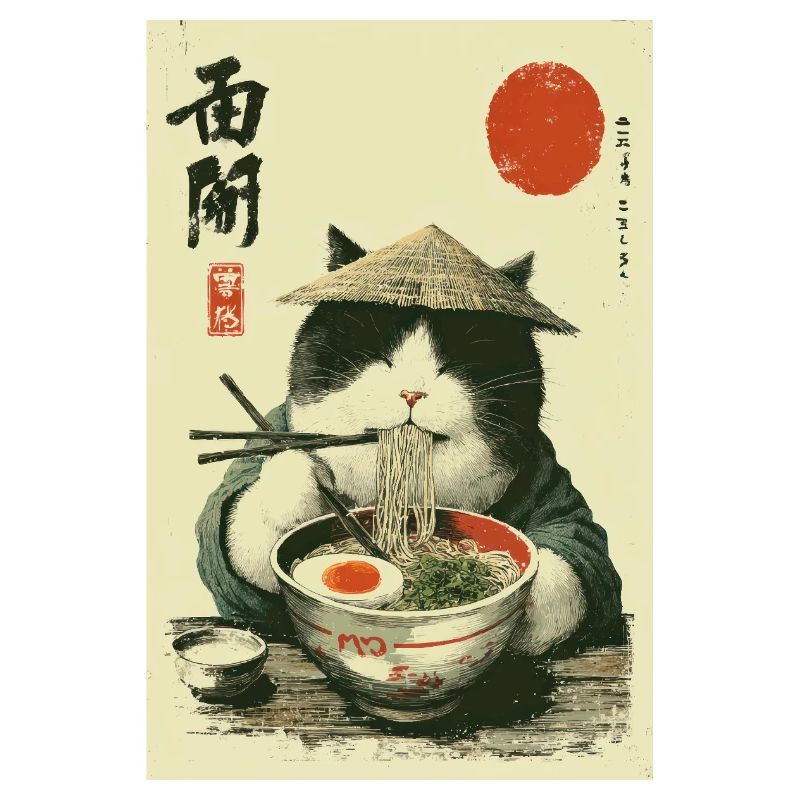 Samurai Cat Enjoying Ramen